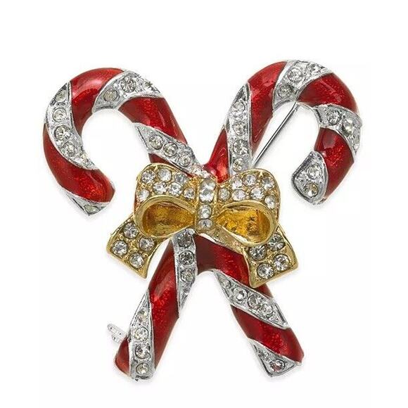 Gold Tone Candy Cane Xmas Brooch Pin Crystal Christmas Fashion Holidays Chic NWT - Picture 1 of 7